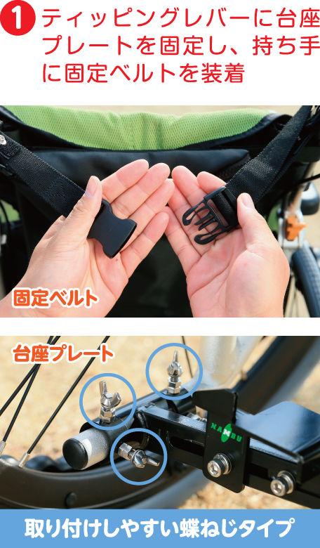 1.ティッピングレバーに台座プレートを固定し、持ち手に固定ベルトを装着